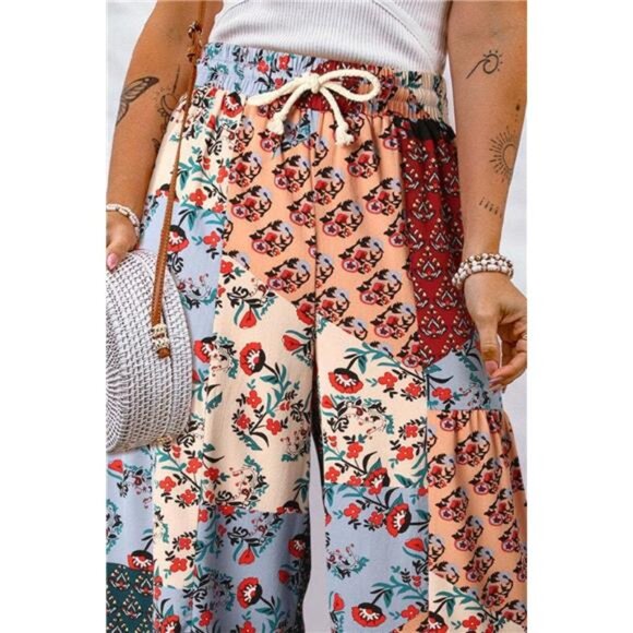 Full Size Drawstring Printed Wide Leg Pants - Picture 3 of 15